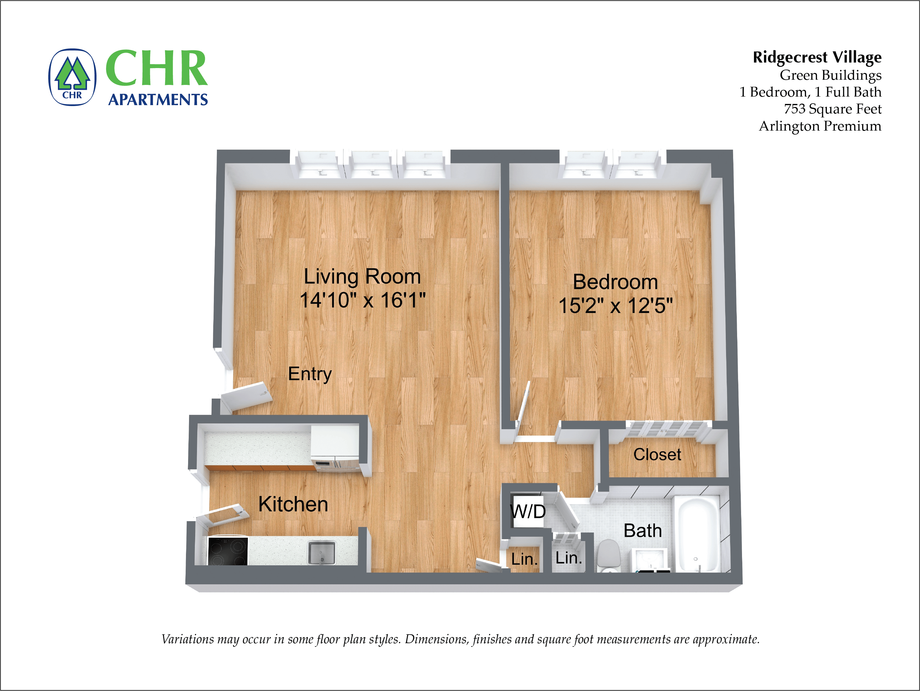 Click to view 1 Bed/1 Bath with Dining Area floor plan gallery