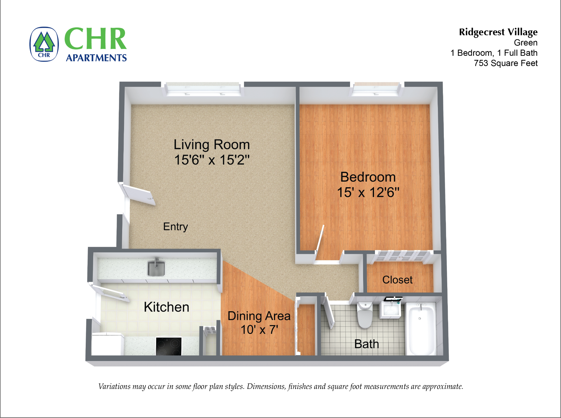 Click to view 1 Bed/1 Bath with Dining Area floor plan gallery