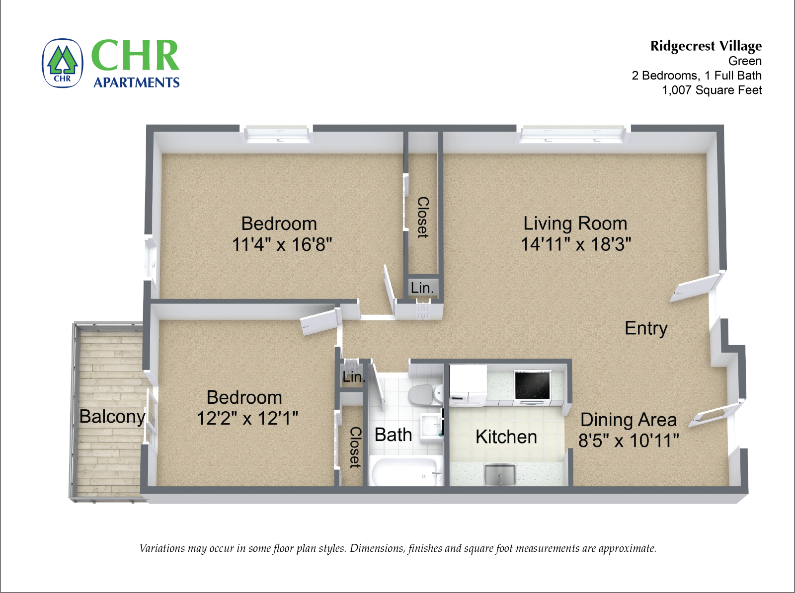 Click to view 2 Bed/1 Bath floor plan gallery