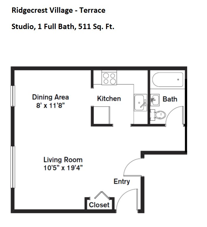 Click to view Studio/1 Bath with Full Kitchen floor plan gallery