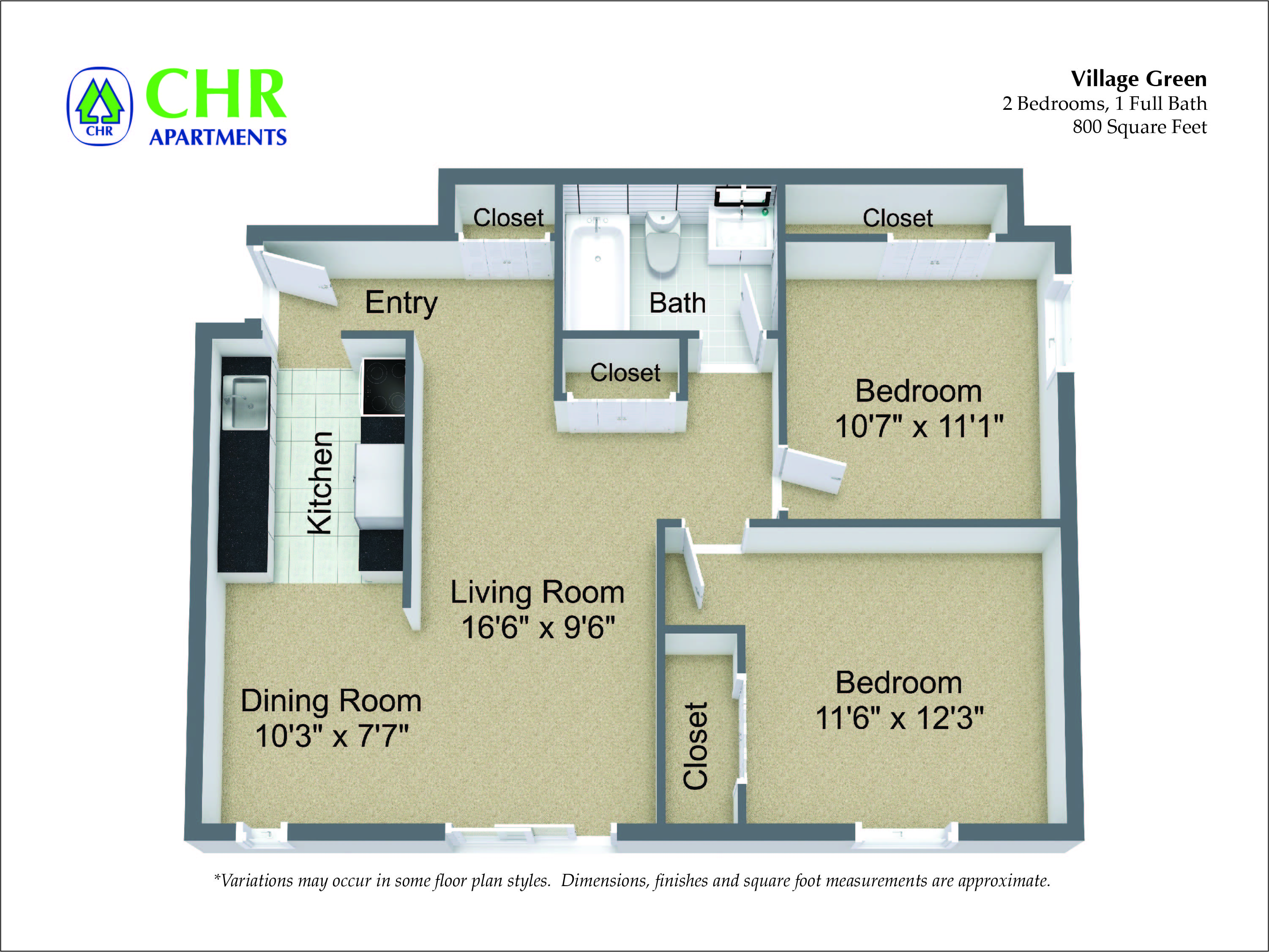 Click to view 2 Bed/1 Bath floor plan gallery