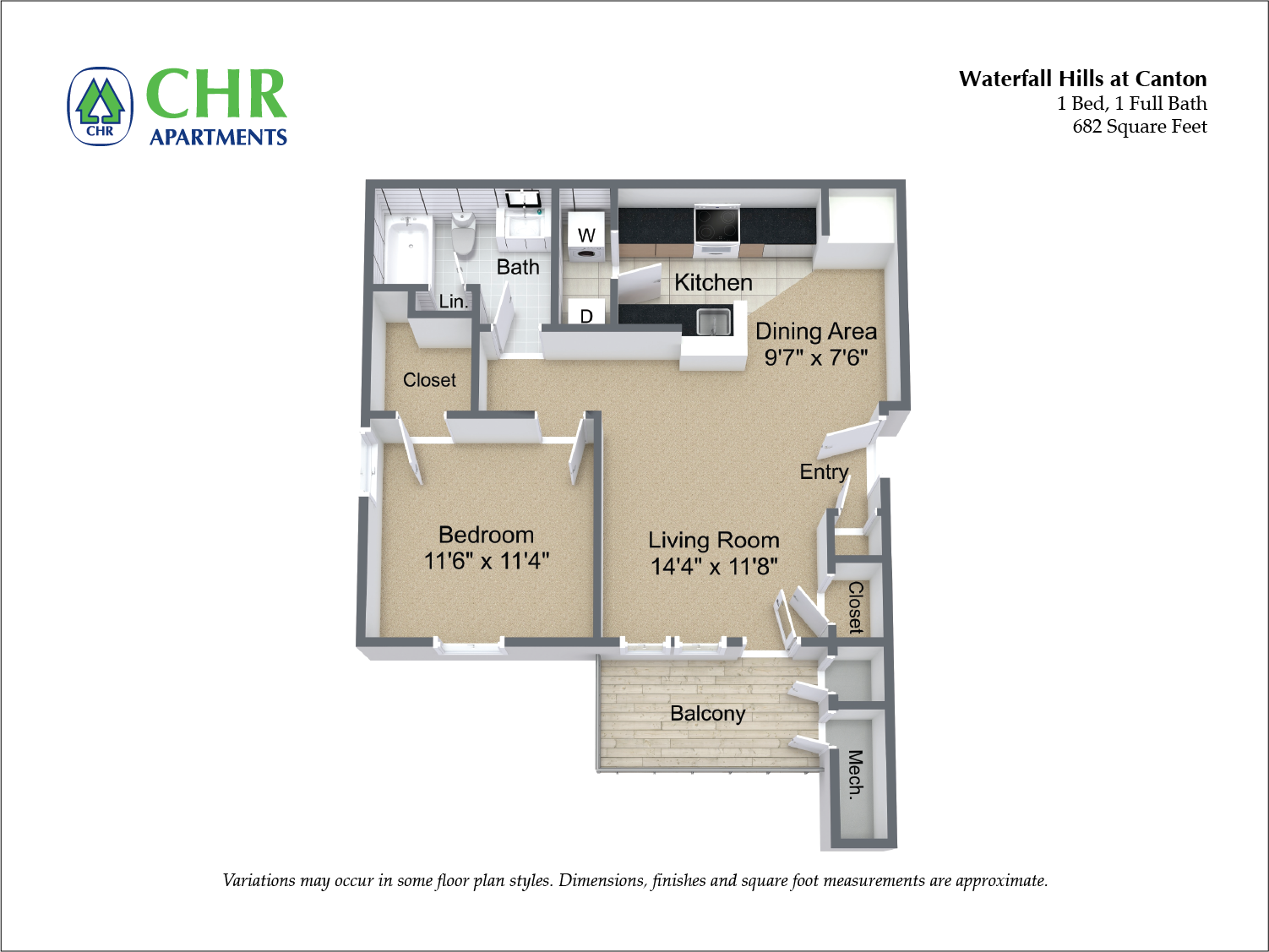 Click to view 1 Bed/1 Bath with Washer/Dryer floor plan gallery