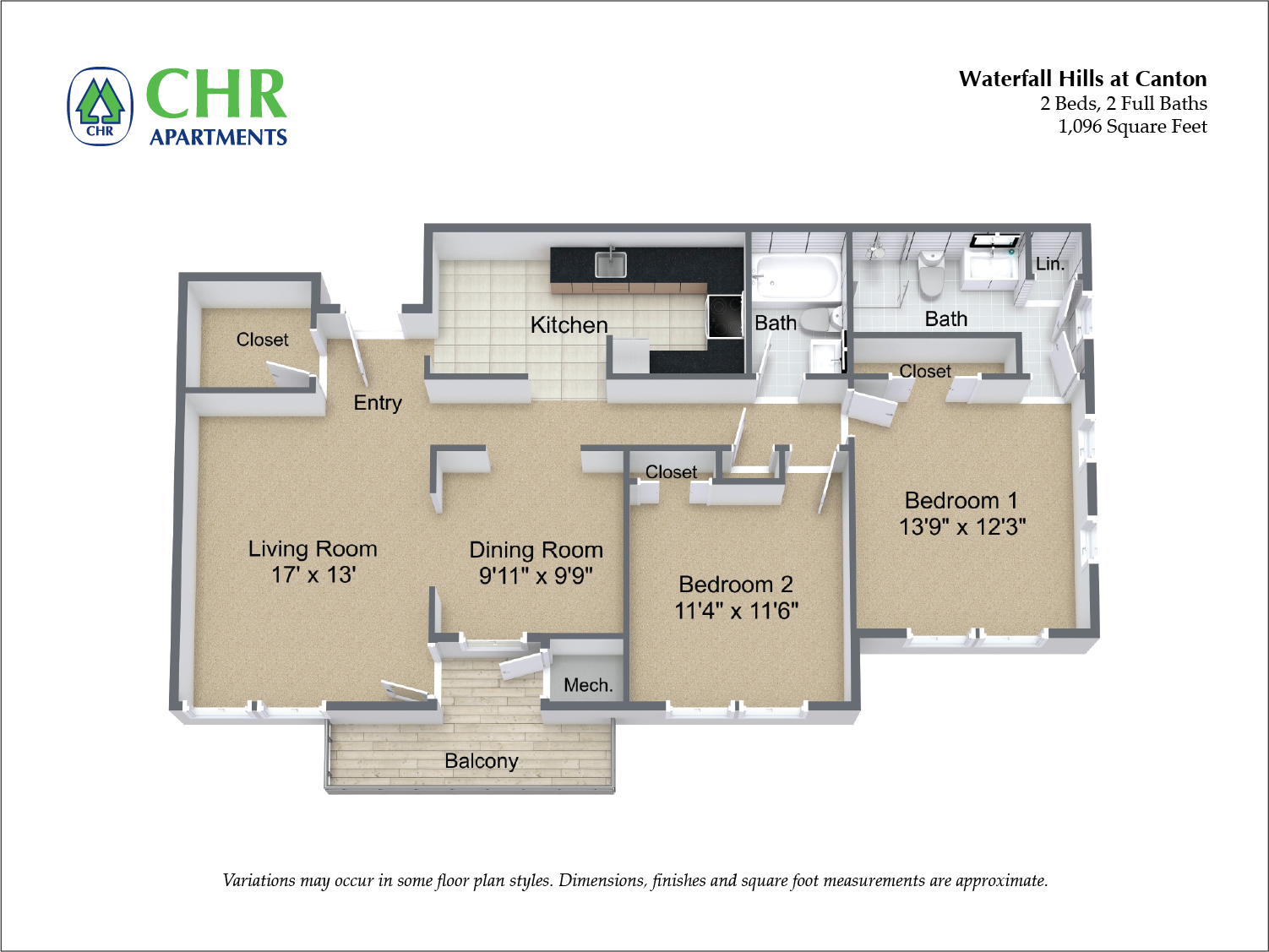 Click to view Floor plan 2 Bed/2 Bath with Eat-In Kitchen image 1