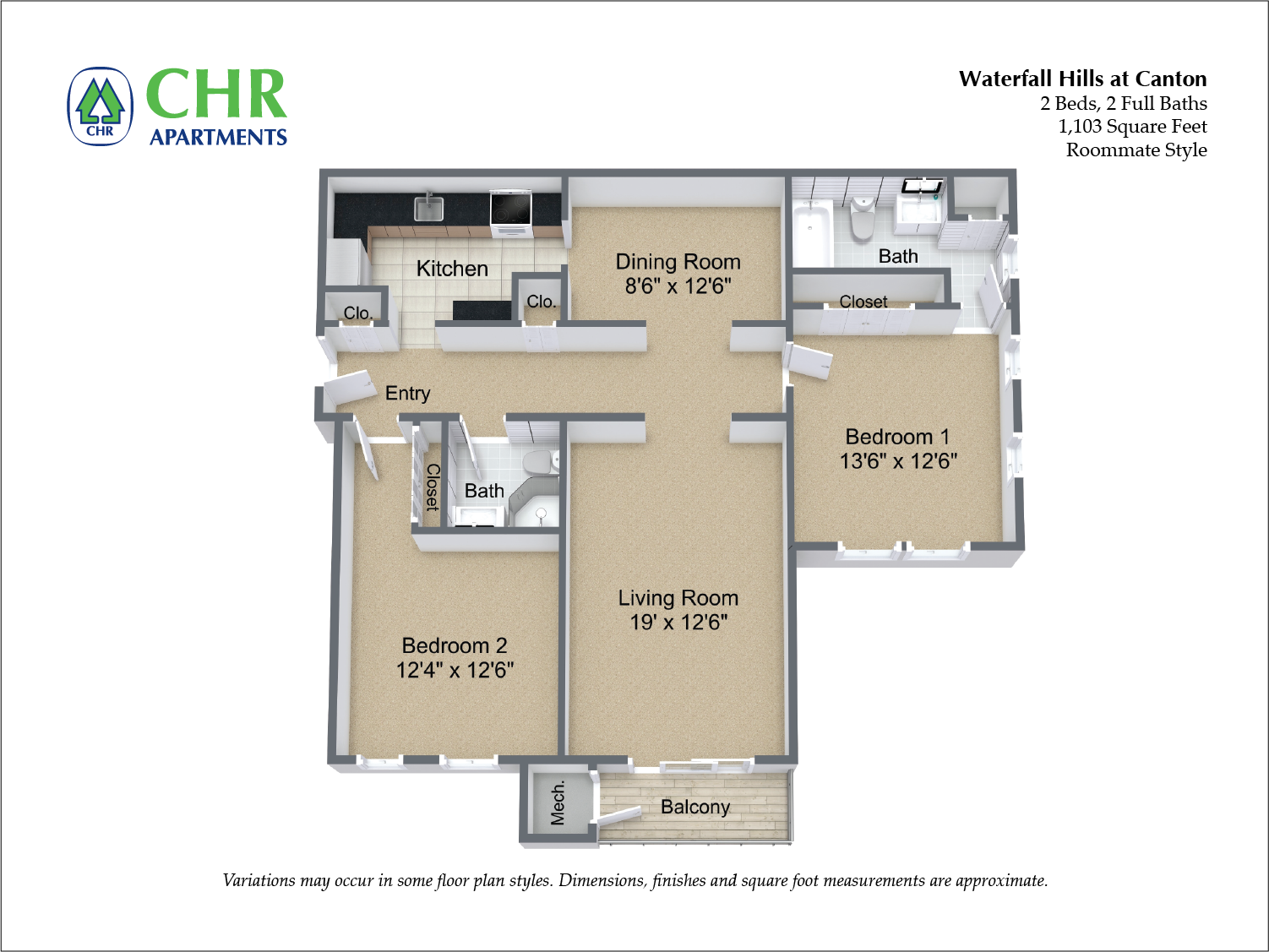 Click to view 2 Bed/2 Bath - Roommate floor plan gallery