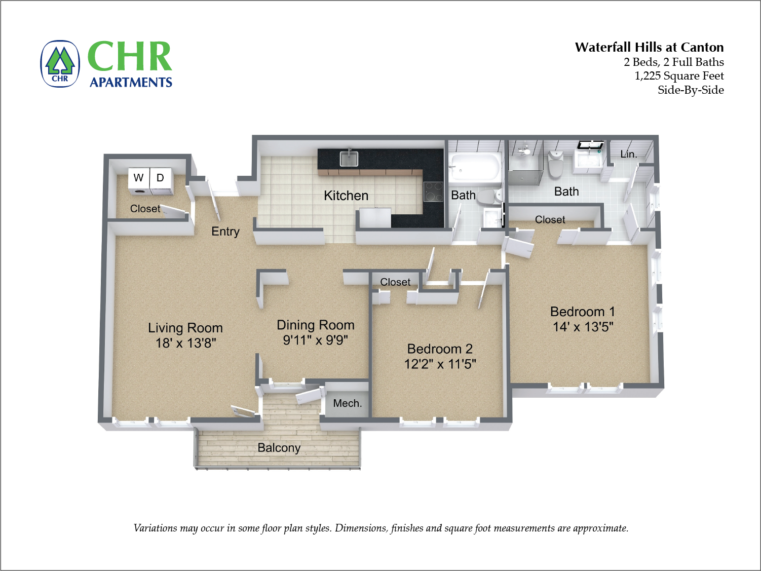 Click to view Floor plan 2 Bed/2 Bath with Eat-In Kitchen image 2