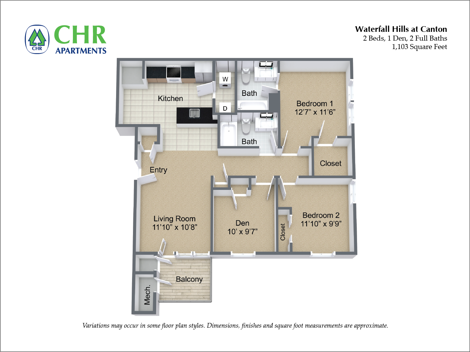 Click to view Floor plan 2 Bed/2 Bath and Den image 1
