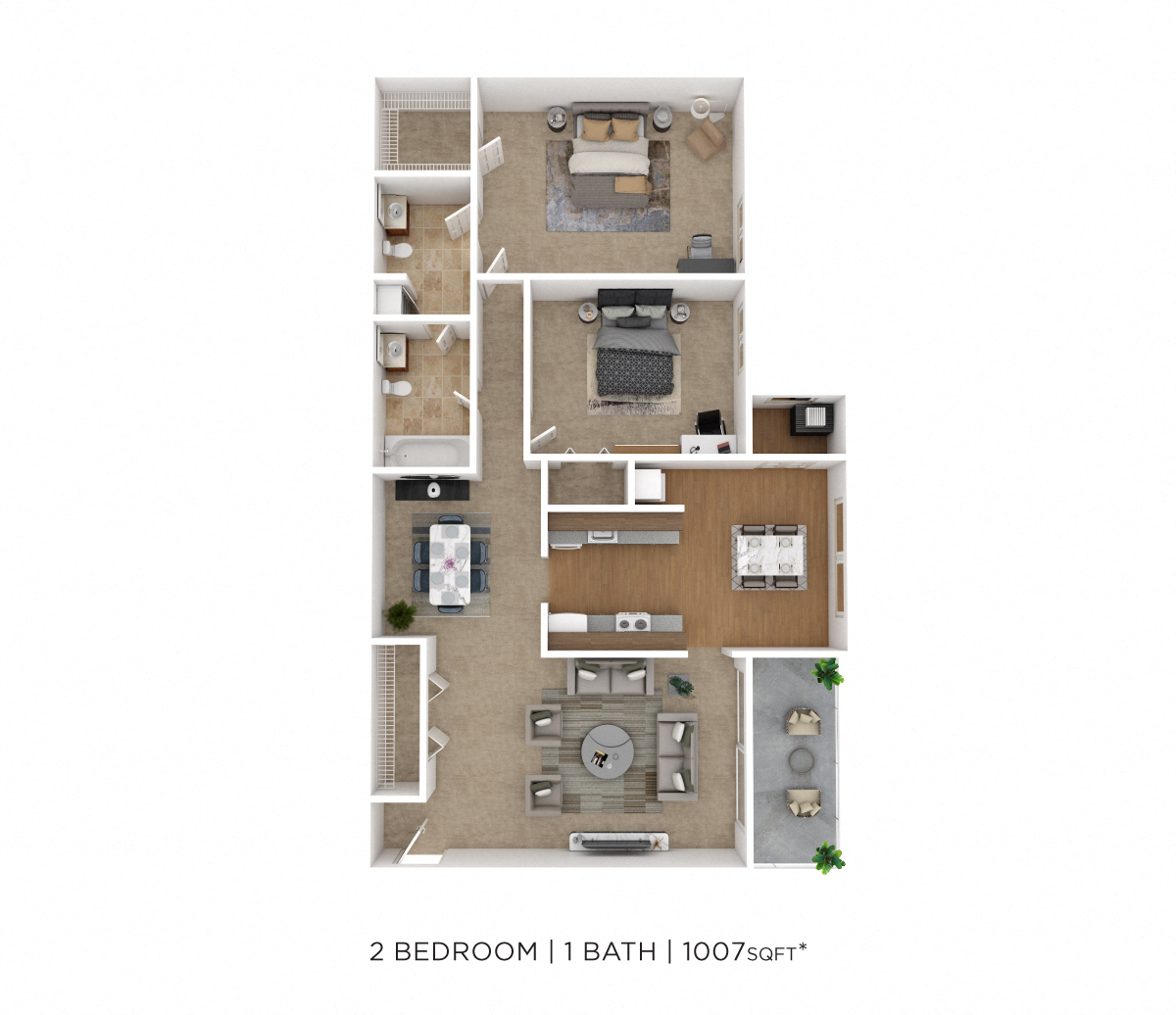 Two Bedroom 1 Bath - 1,007 sqft floor plan