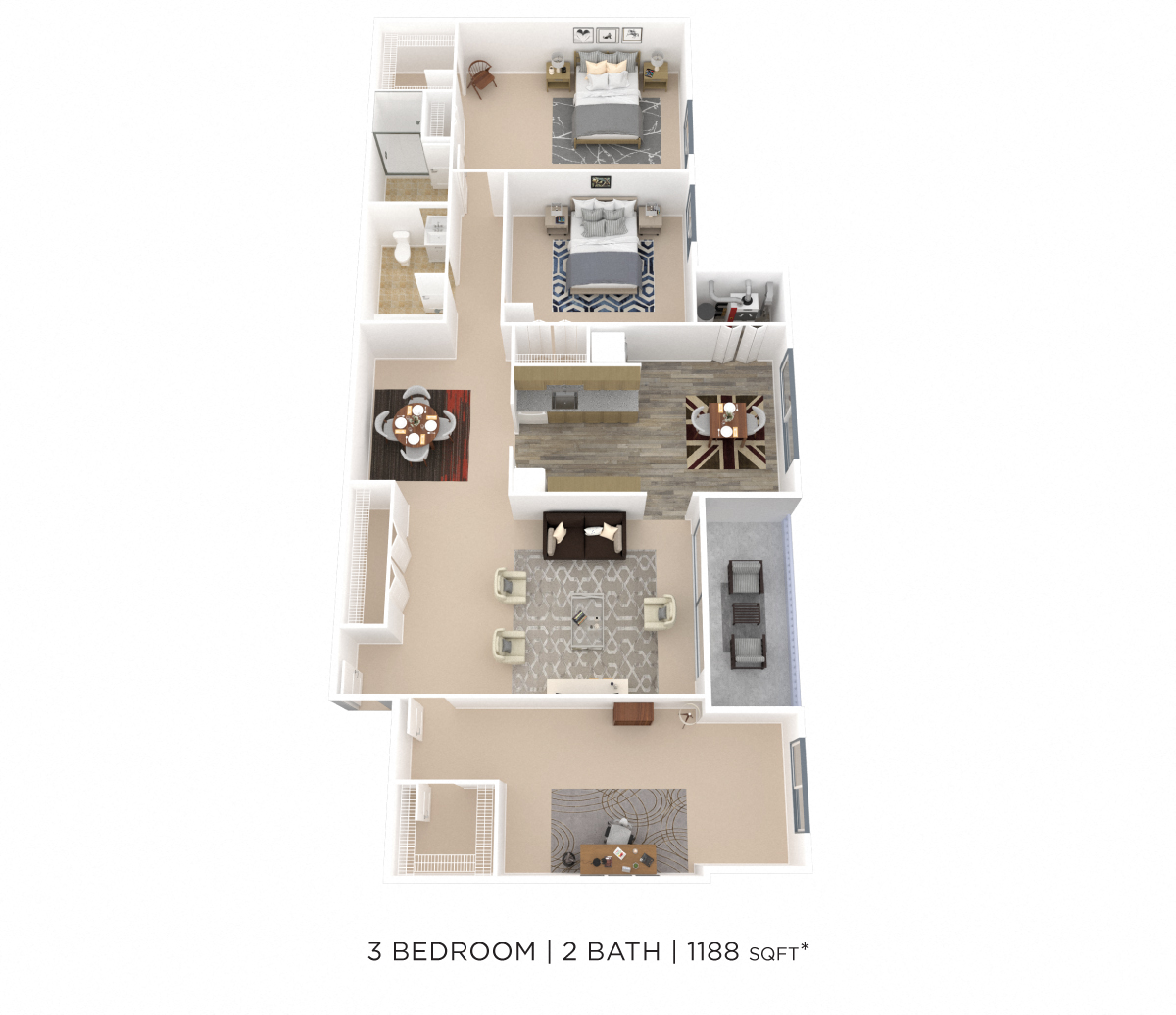 Three Bedroom 2 Bath - 1,181 sqft floor plan