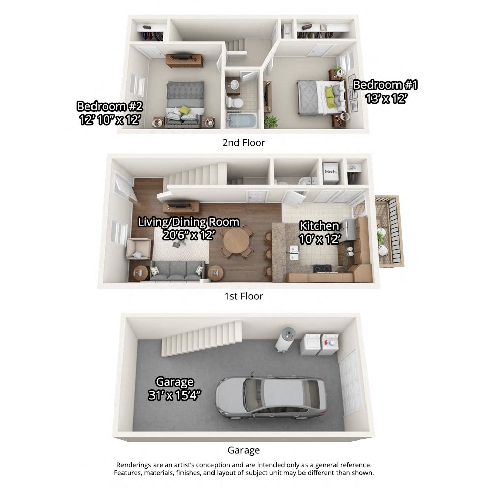 3 dimensional floorplan view of 2 bedroom apartment with garage 2 bedroom floorplan with garage