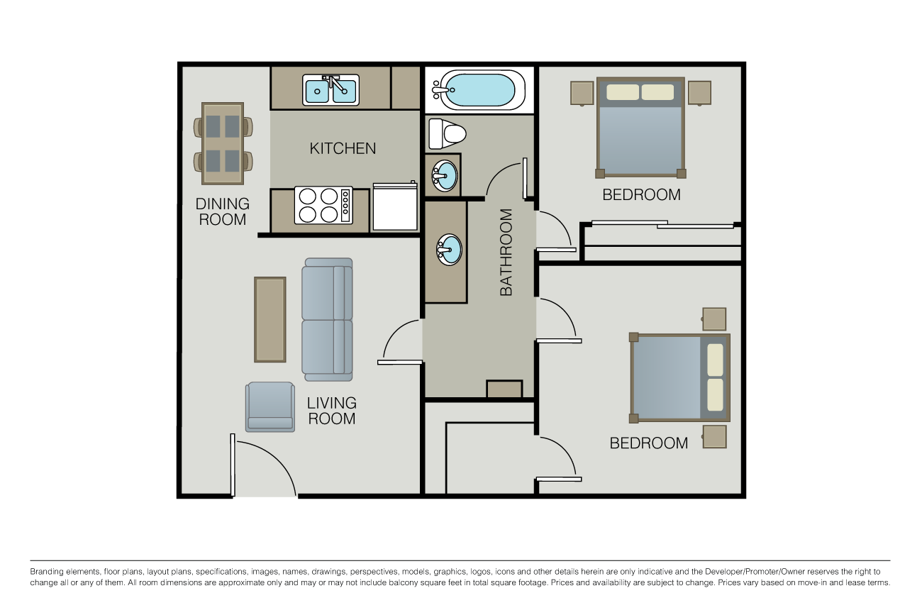 2 Bed 1 Bath floor plan image
