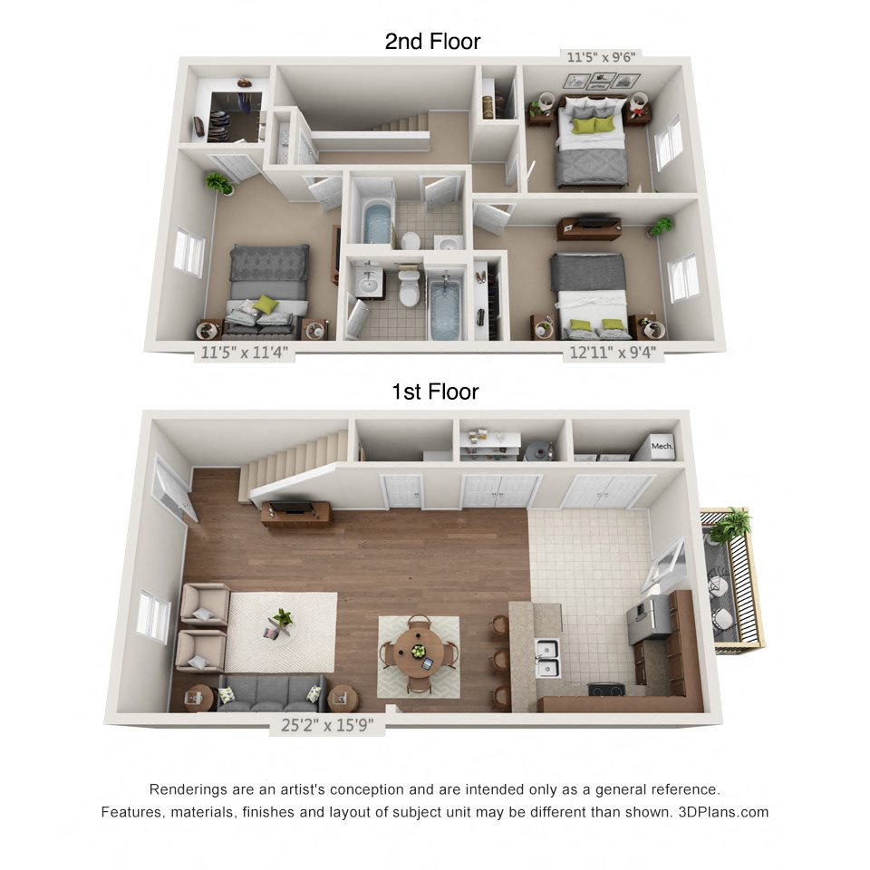 A 3D floorplan of the 3 bedroom layout at The Villas at River Bend A 3D floorplan of the 3 bedroom layout at The Villas at River Bend