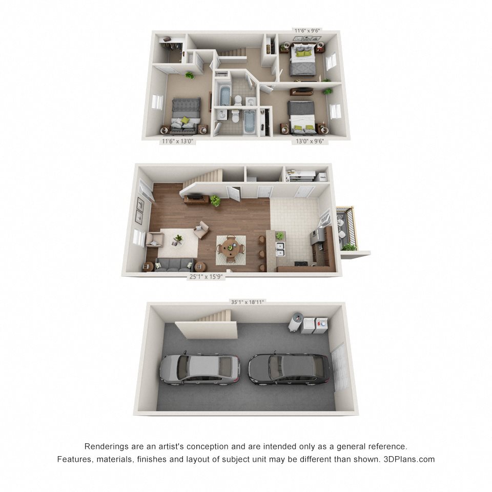 A 3D floorplan of the 3 bedroom layout at The Villas at River Bend A 3D floorplan of the 3 bedroom layout at The Villas at River Bend