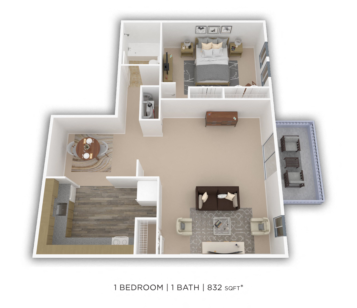 One Bedroom - 832 sqft floor plan