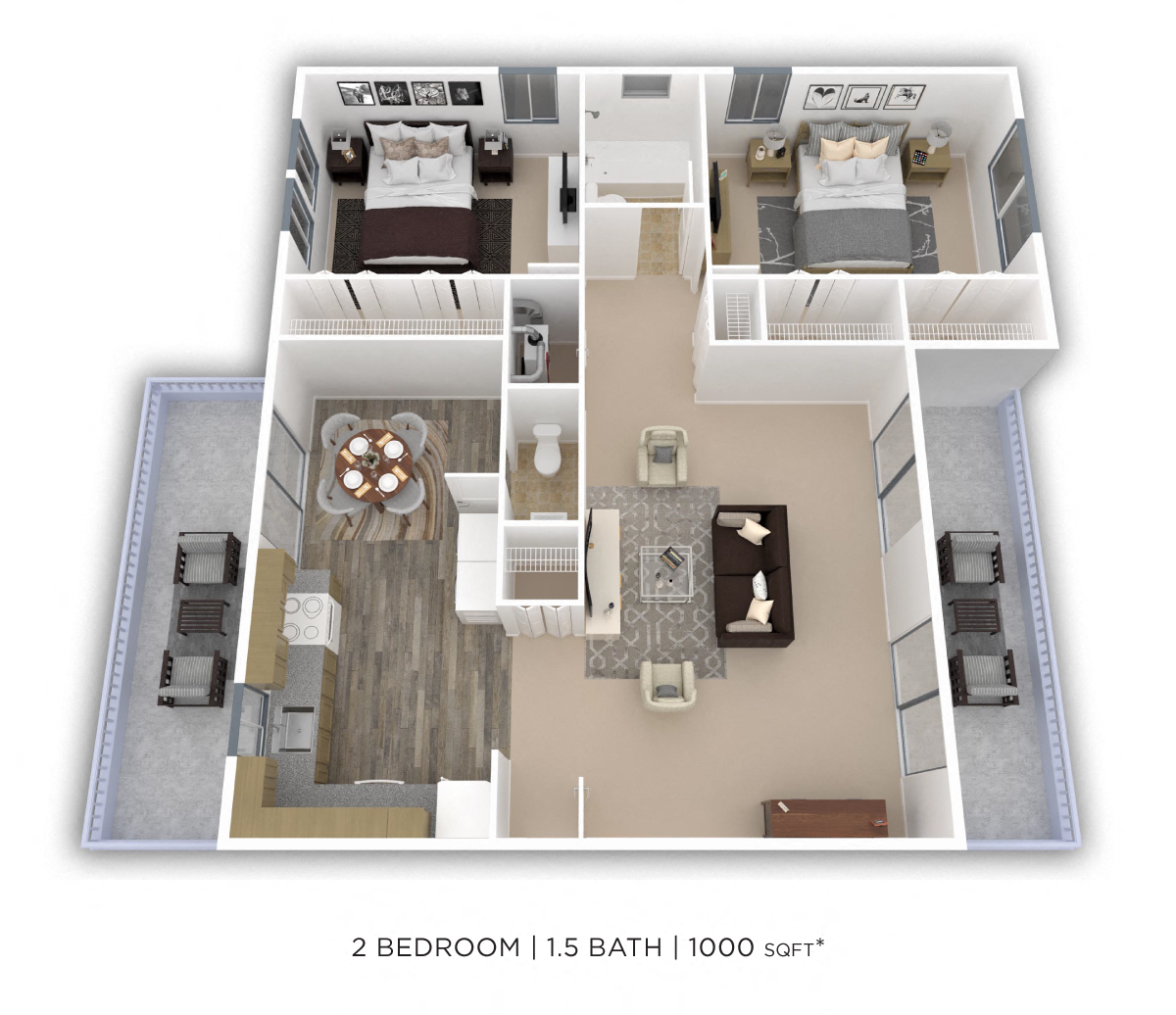 Two Bedroom 1.5 Bath - 1,000 sqft floor plan