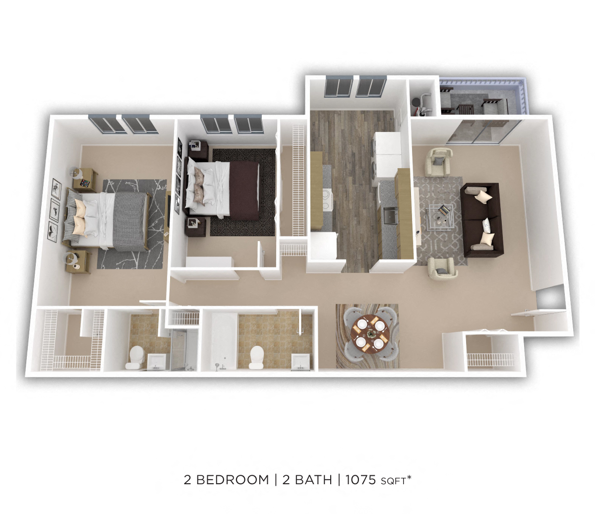 Two Bedroom 2 Bath - 1,075 sqft floor plan