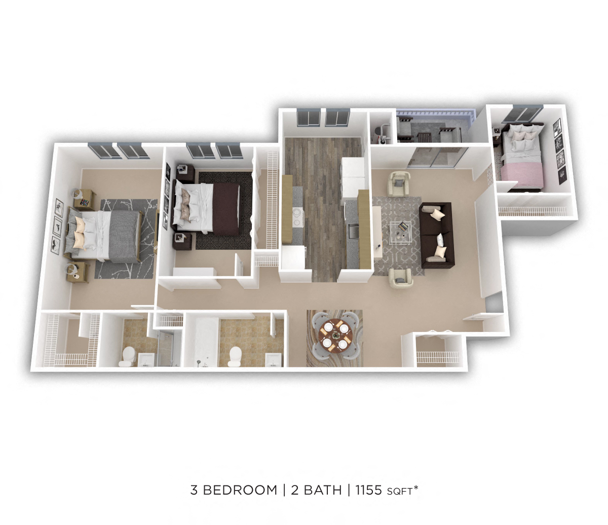 Three Bedroom 2 Bath - 1,155 sqft floor plan