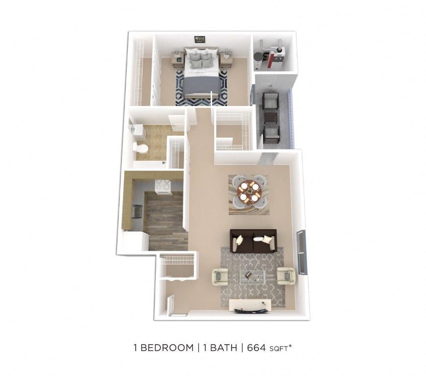 One Bedroom - 664 sqft floor plan