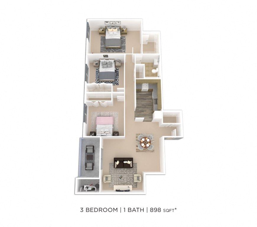 Three Bedroom - 898 sqft floor plan