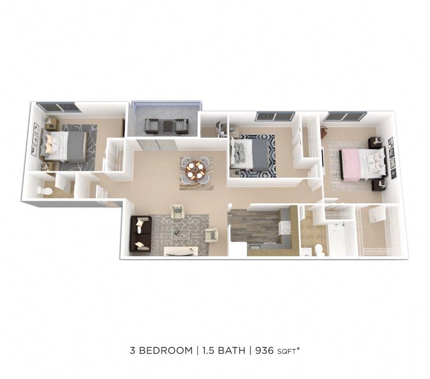 Three Bedroom 1.5 Bath - 936 sqft floor plan