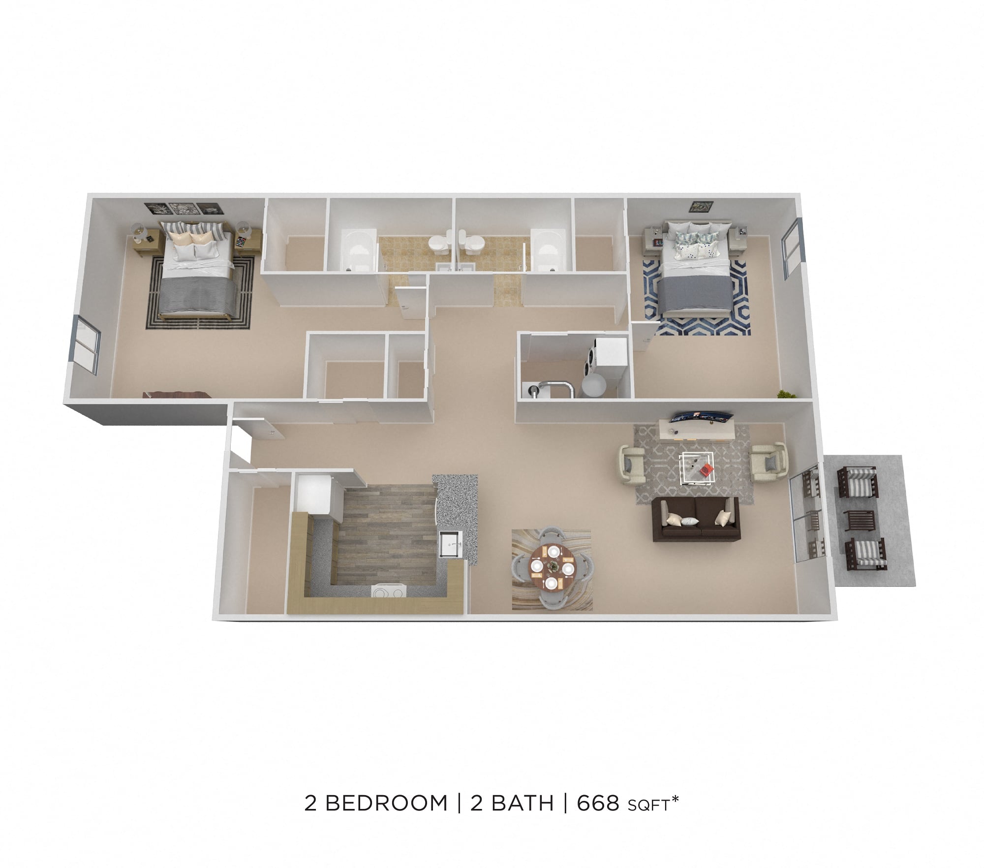 Two Bedroom 2 Bath - 655 sqft floor plan