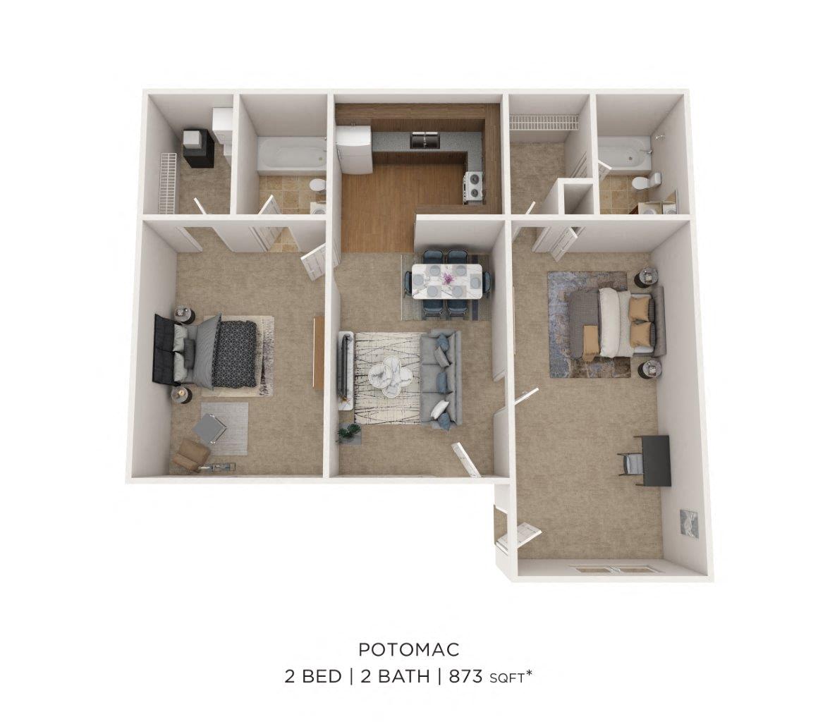 Two Bedroom 2 Bath - 873 sqft floor plan