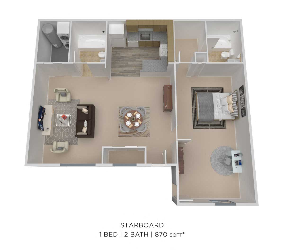 One Bedroom 2 Bath - 870 sqft floor plan
