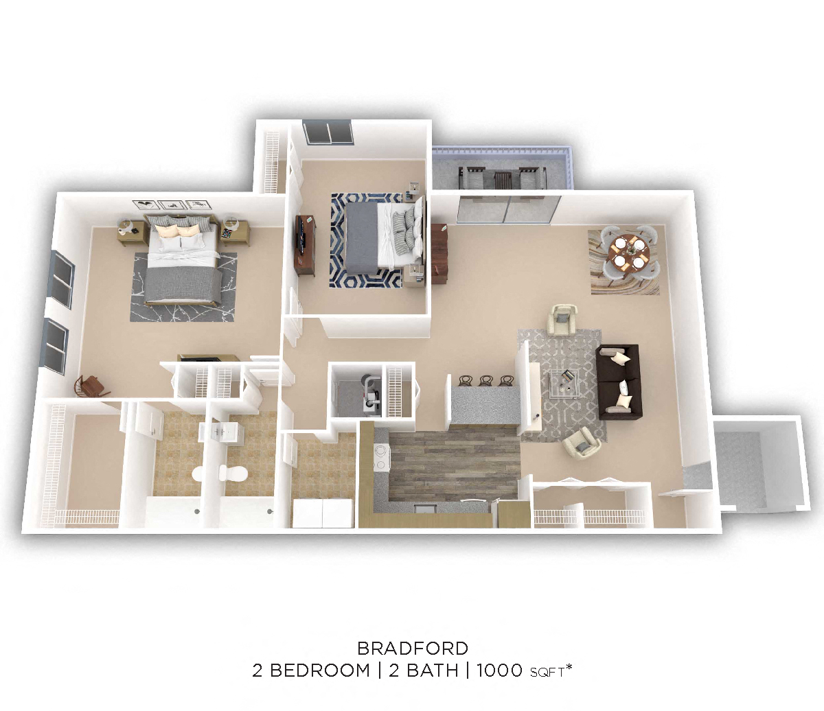 Two Bedroom 2 Bath - 1,000 sqft floor plan