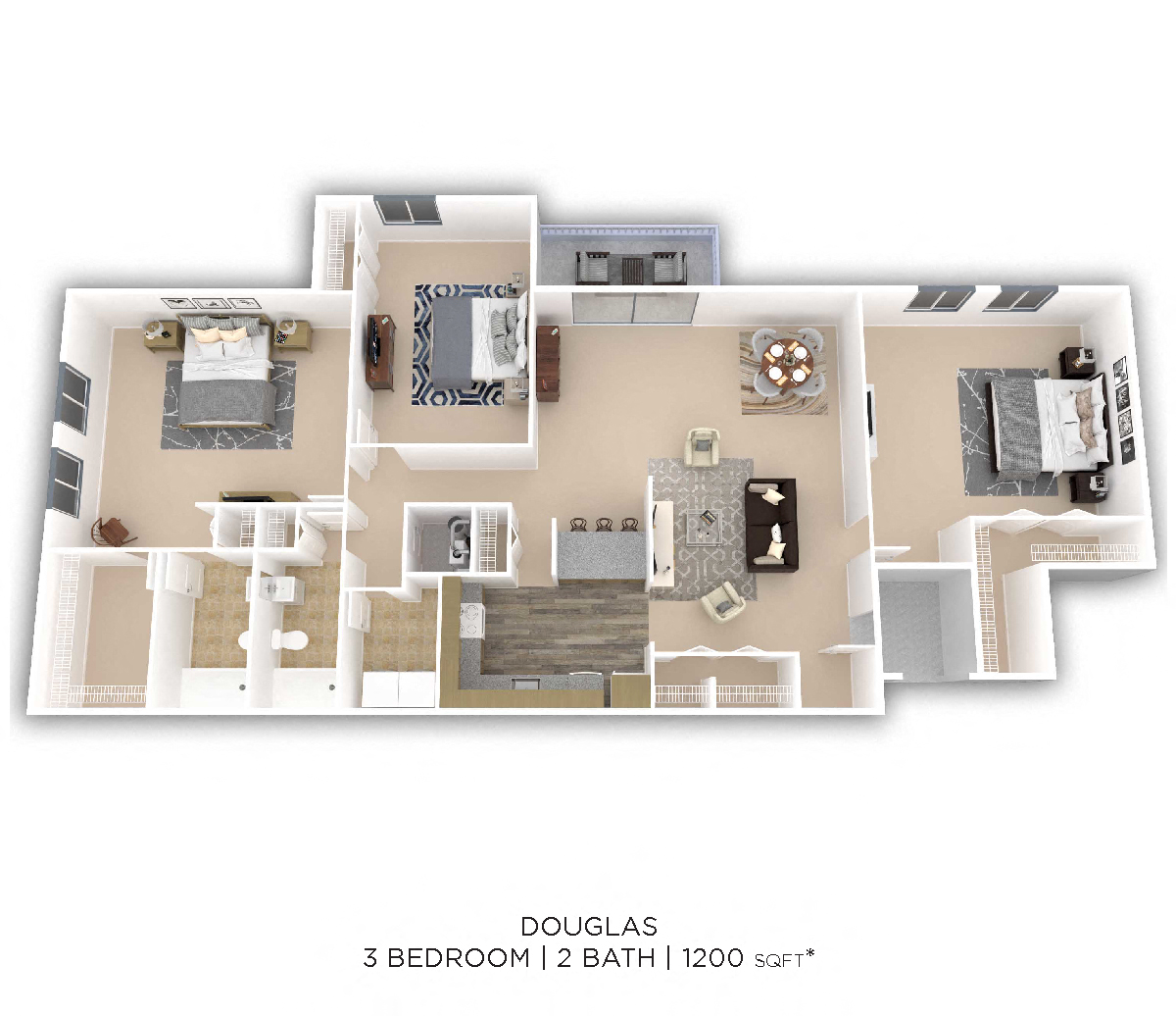 Three Bedroom 2 Bath - 1,200 sqft floor plan