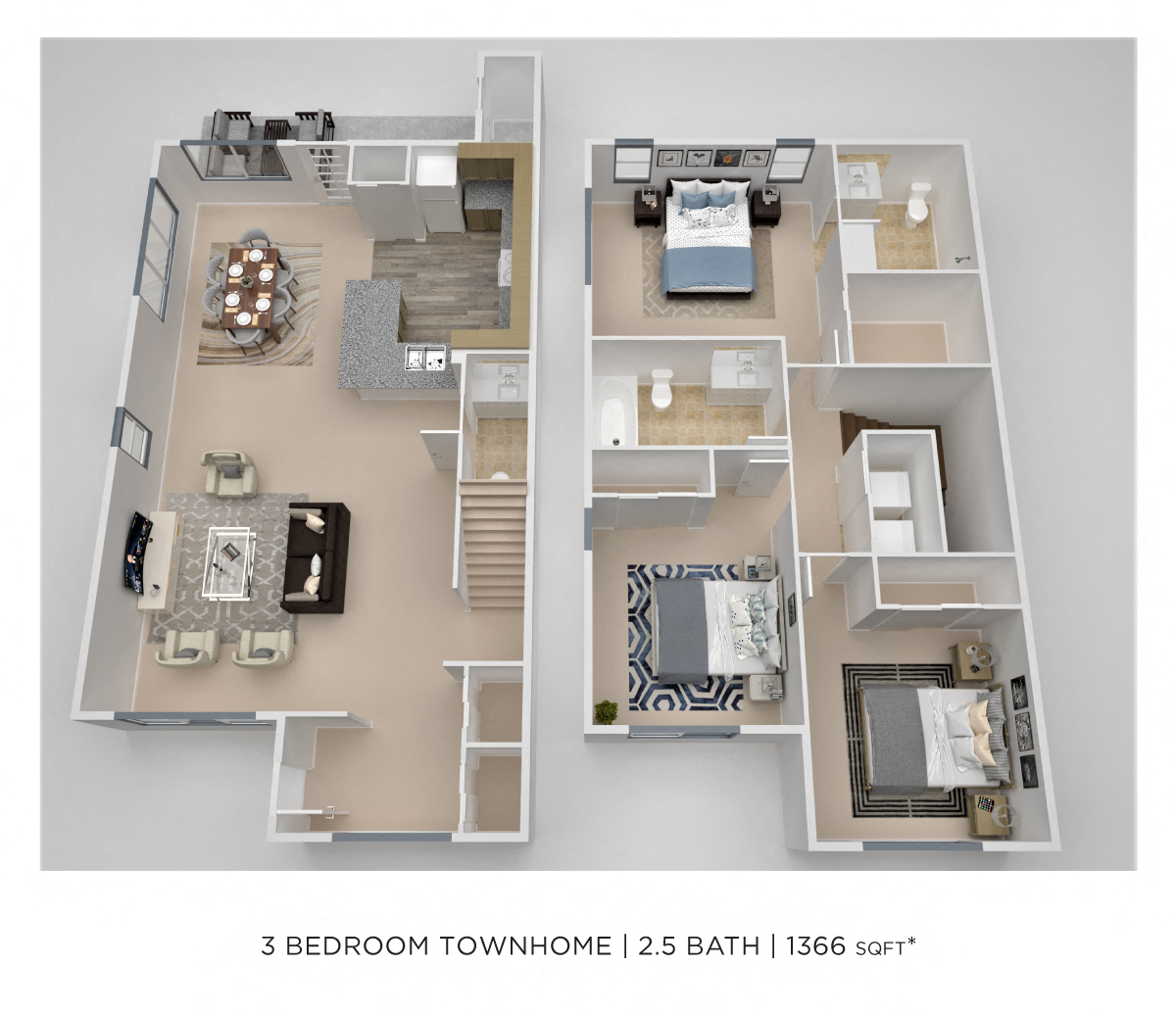 Three Bedroom 2.5 Bath Townhome floor plan