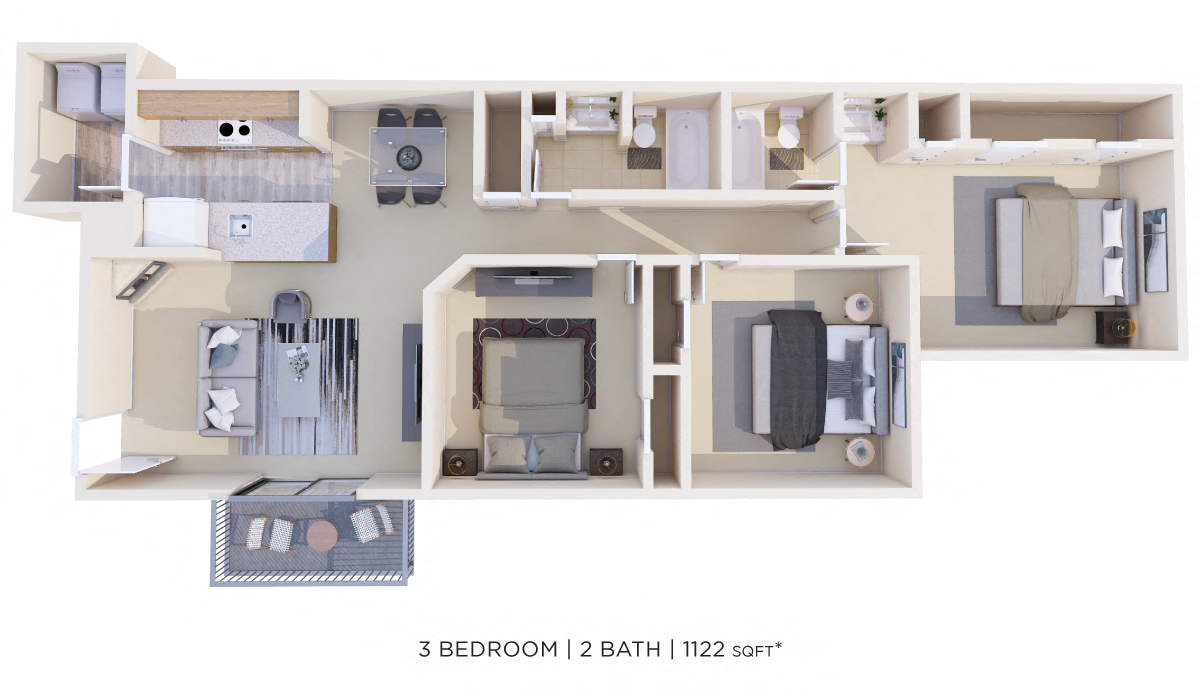 Three Bedroom 2 Bath floor plan