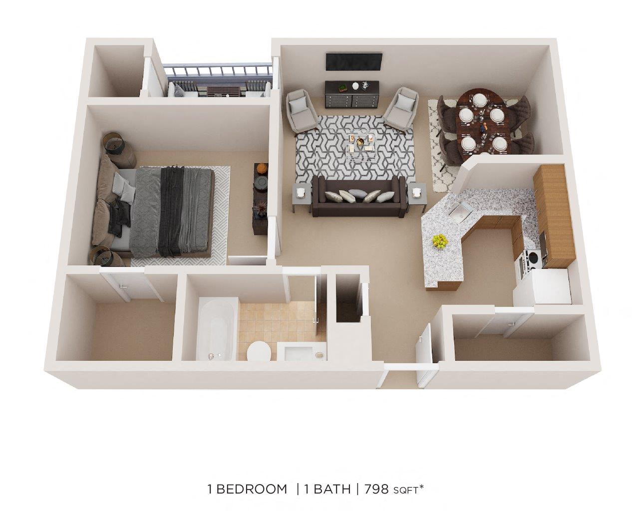One Bedroom - 798 sqft floor plan