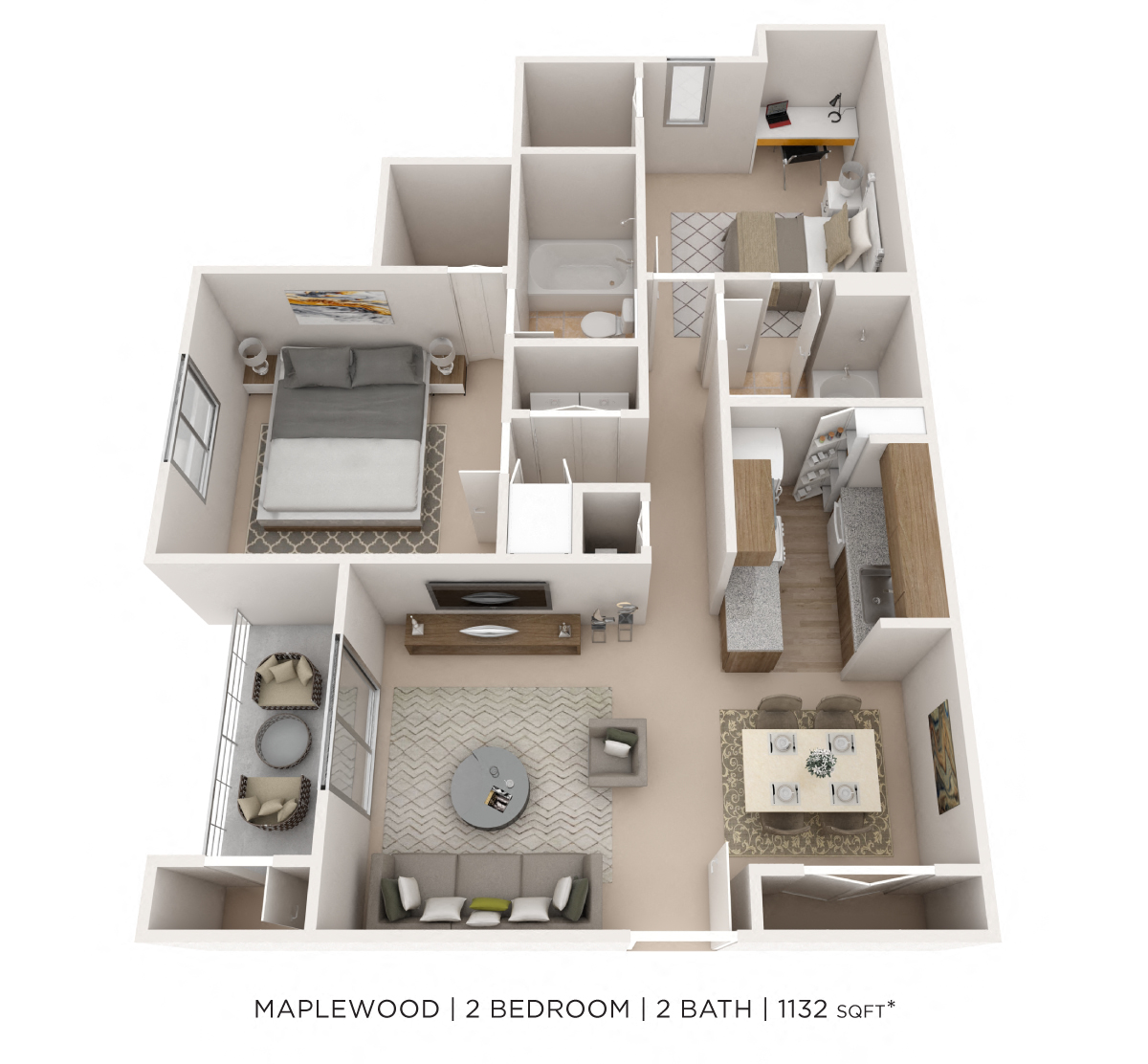 Two Bedroom 2 Bath- 1132 sqft floor plan