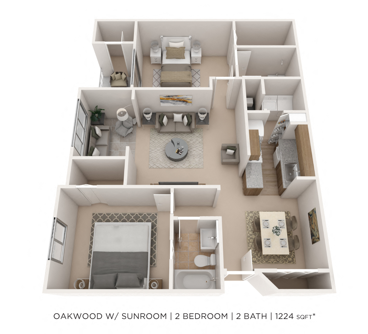 Two Bedroom 2 Bath w/ Sunroom- 1225 sqft floor plan