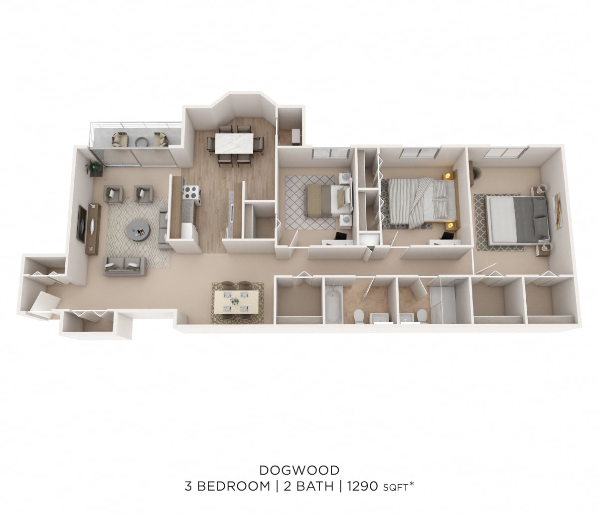 Three Bedroom 2 Bath - 1,290 sqft floor plan