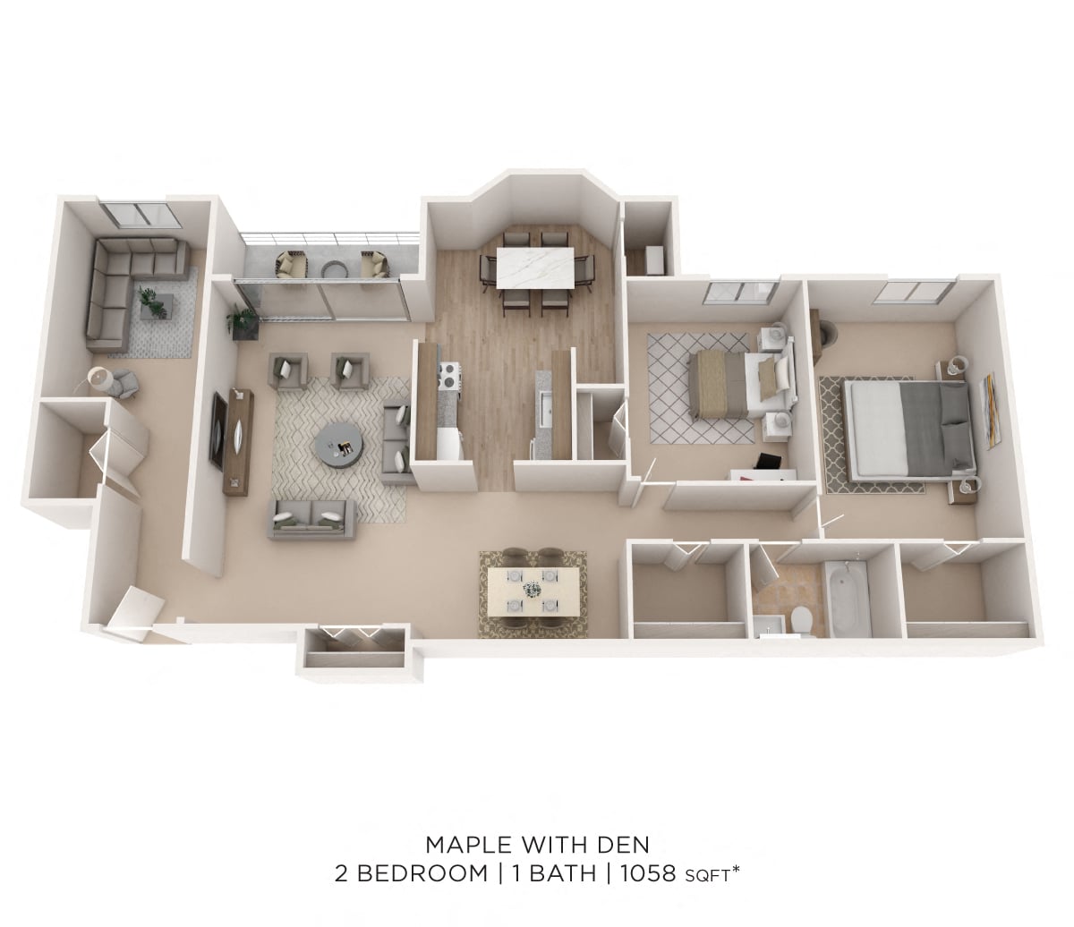 Two Bedroom w/ Den - 1,058 sqft floor plan
