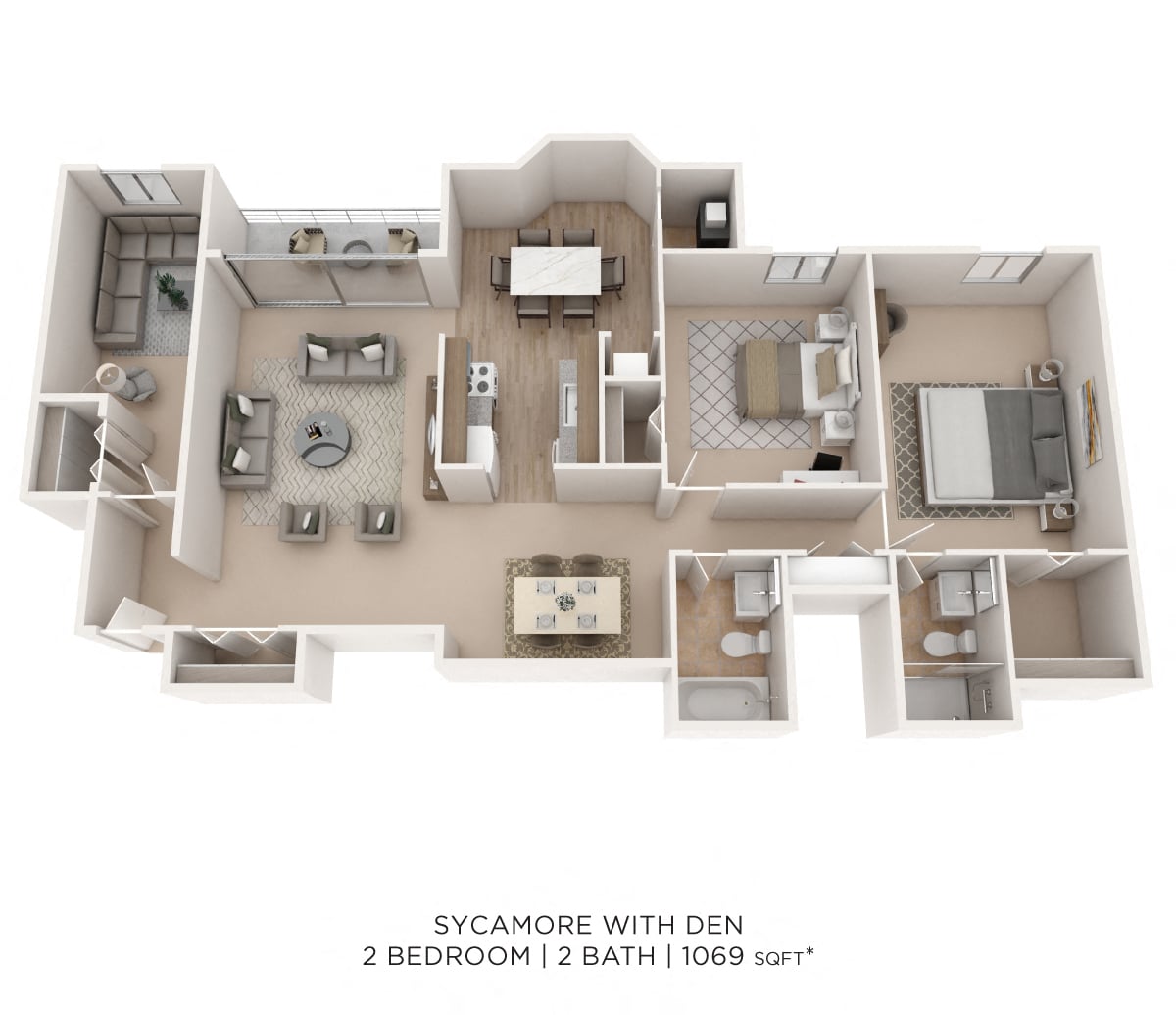 Two Bedroom 2 Bath w/Den - 1,069 sqft floor plan