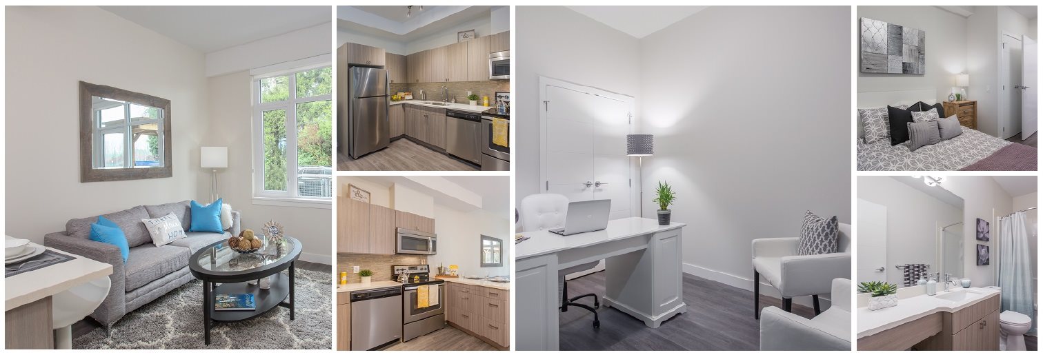 Collage of interior, exterior, and lifestyle images at6 Lynn Creek Apartments in North Vancouver, BC