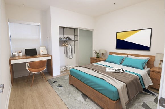 West-Los-Angeles-Apartments-NMS-1759-Beloit-3 bedroom apartment bedroom with teal and grey colors sheets