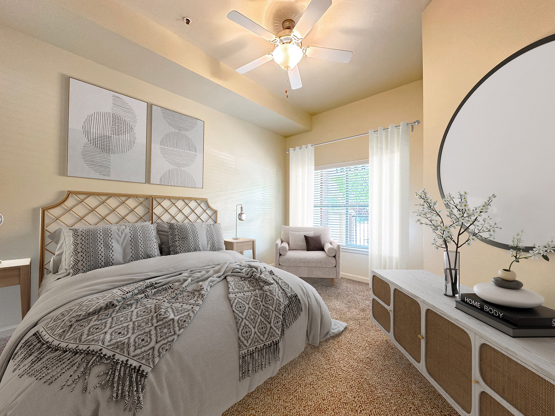 Liberty Center Apartments, Provo, Utah, Bedroom with queen bed, mirror, shelf, chair and artwork.