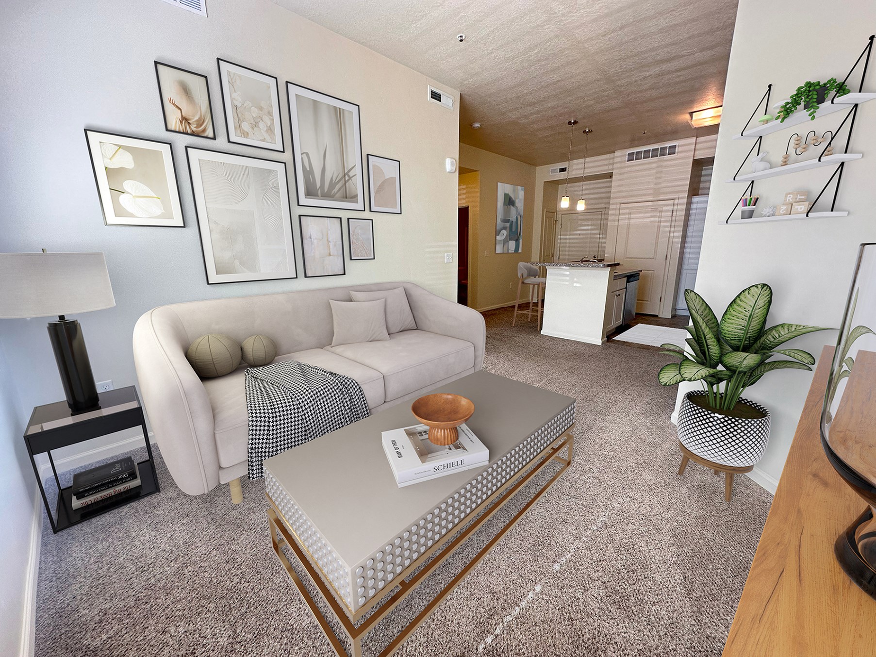 Liberty Center Apartments, Provo, Utah, Living room looking into kitchen, couch, plant, coffee table, side table