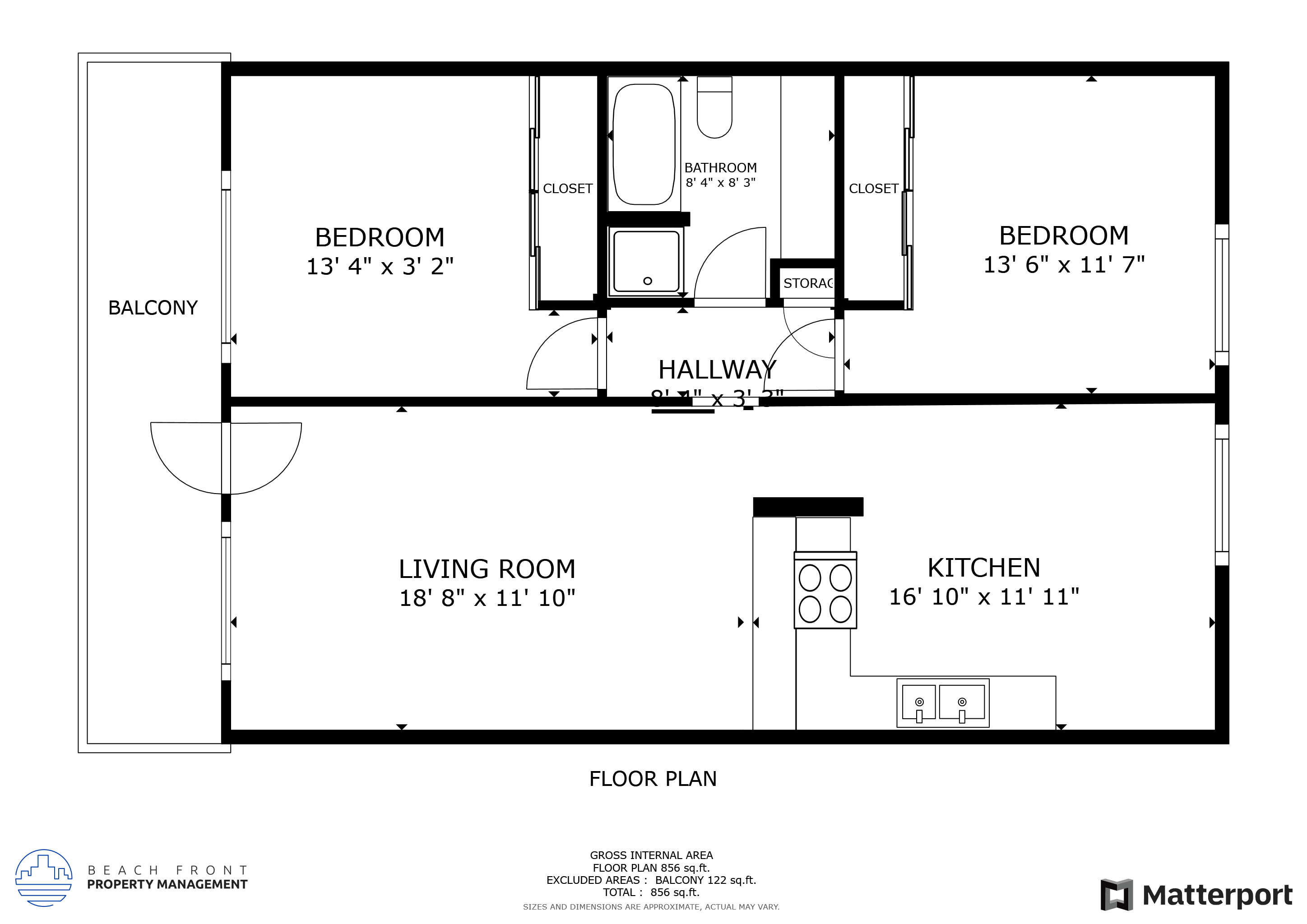 A floor plan for a home with a living room, kitchen, and two bedrooms.
