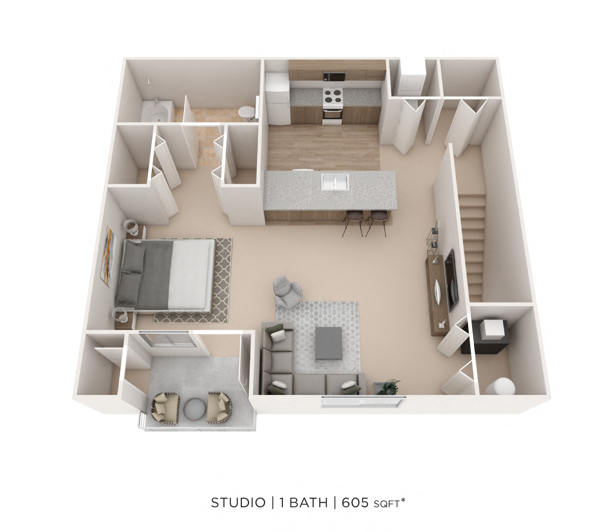 Studio - 605 sqft floor plan