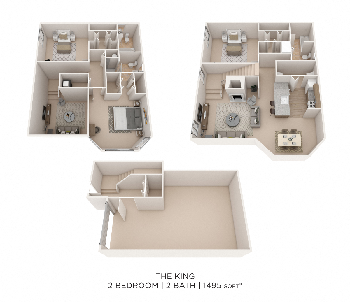Three Bedroom 3 Bath Townhome - 1,495 sqft floor plan