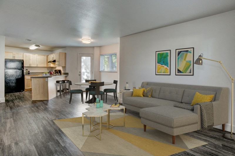 Village on Shields - Cunningham living room, dining area and kitchen