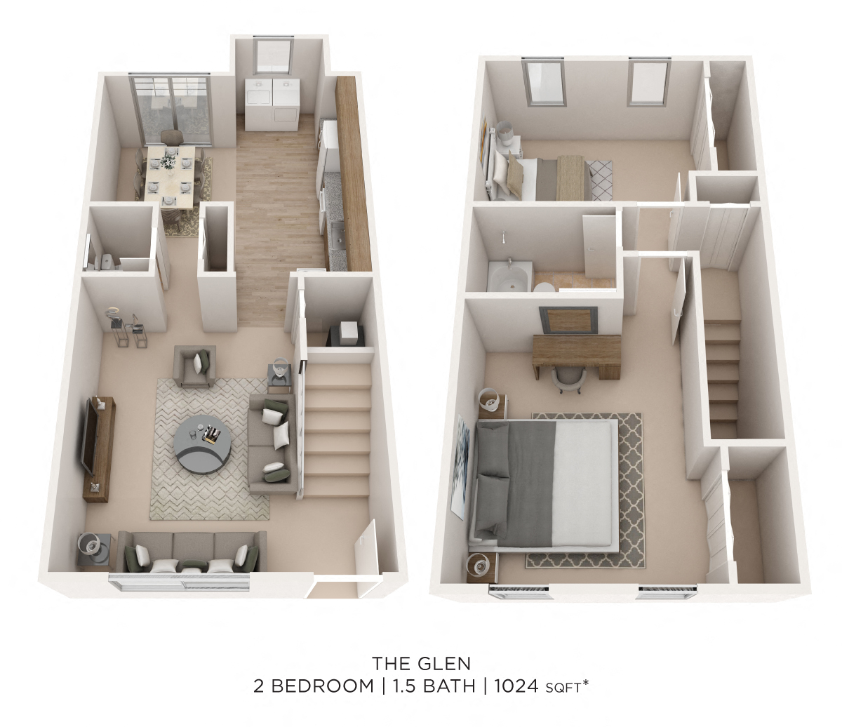 Two Bedroom 1.5 Bath - 1,024 sqft floor plan