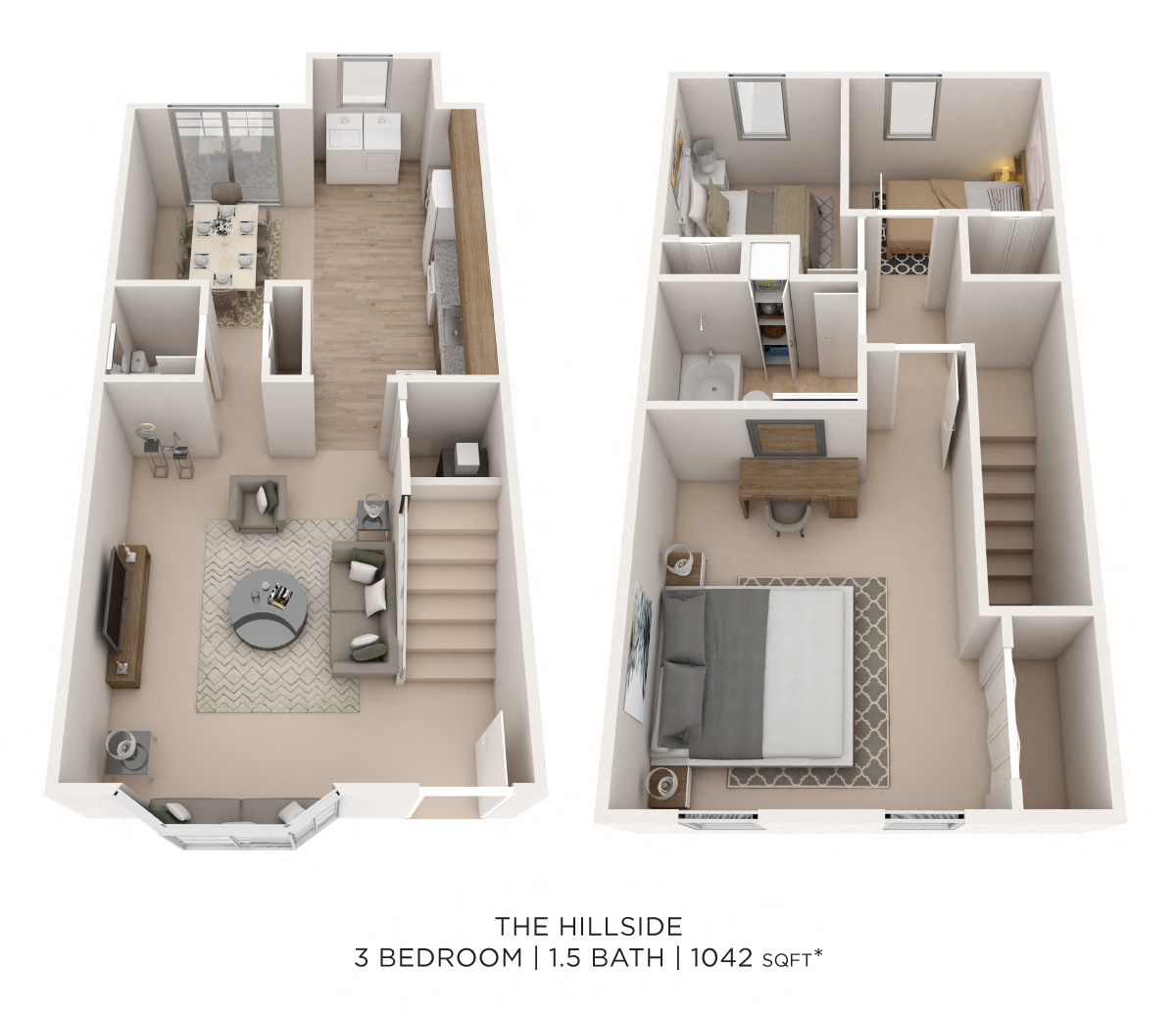 Three Bedroom 1.5 Bath - 1,042 sqft floor plan