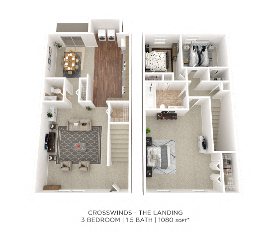 Three Bedroom 1.5 Bath Townhome - 1,080 sqft floor plan