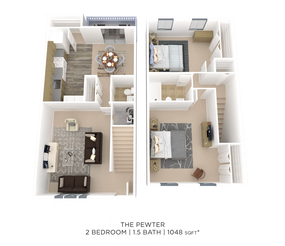 Two Bedroom 1.5 Bath Townhome - 1,048 sqft floor plan