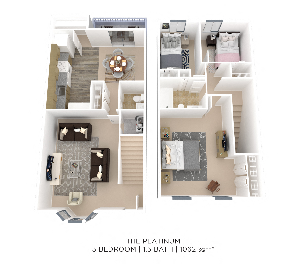 Three Bedroom 1.5 Bath Townhome - 1,062 sqft floor plan