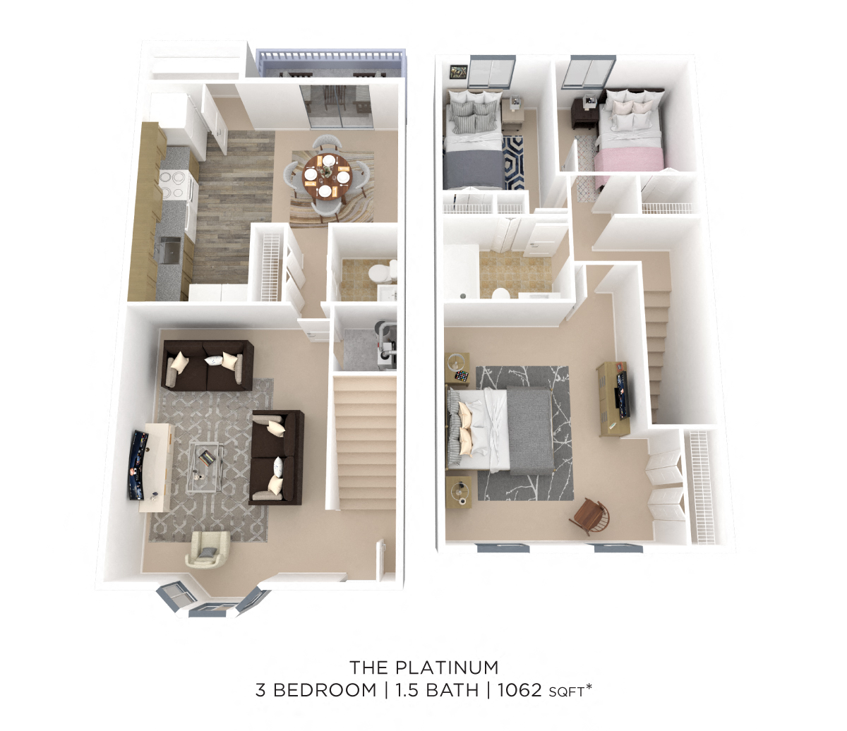 Three Bedroom 1.5 Bath Townhome - 1,062 sqft floor plan